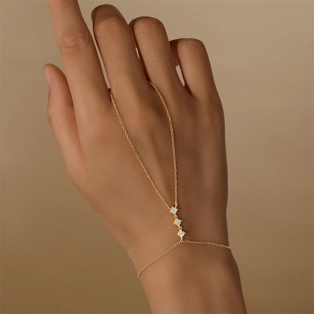 925 Sterling Silver Flower Clover CZ Finger Ring Chain Bracelet For Women Ins Hand Chain Horse Eye