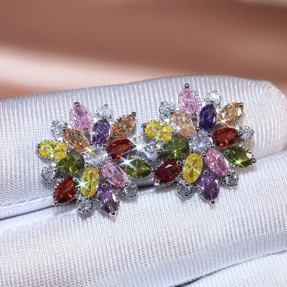 Cubic Zirconia 925 Silver Needle Stud Flower