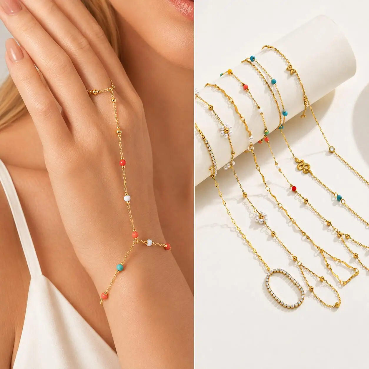 Bohemian Ring Bracelet Finger Hand Chain, 18K Gold Plated