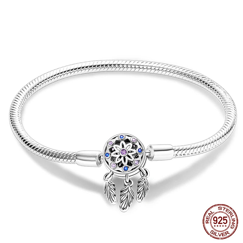 Bracelet Silver 925  17-20CM Star Moon Sun Four Leaf Clover Green Zircon