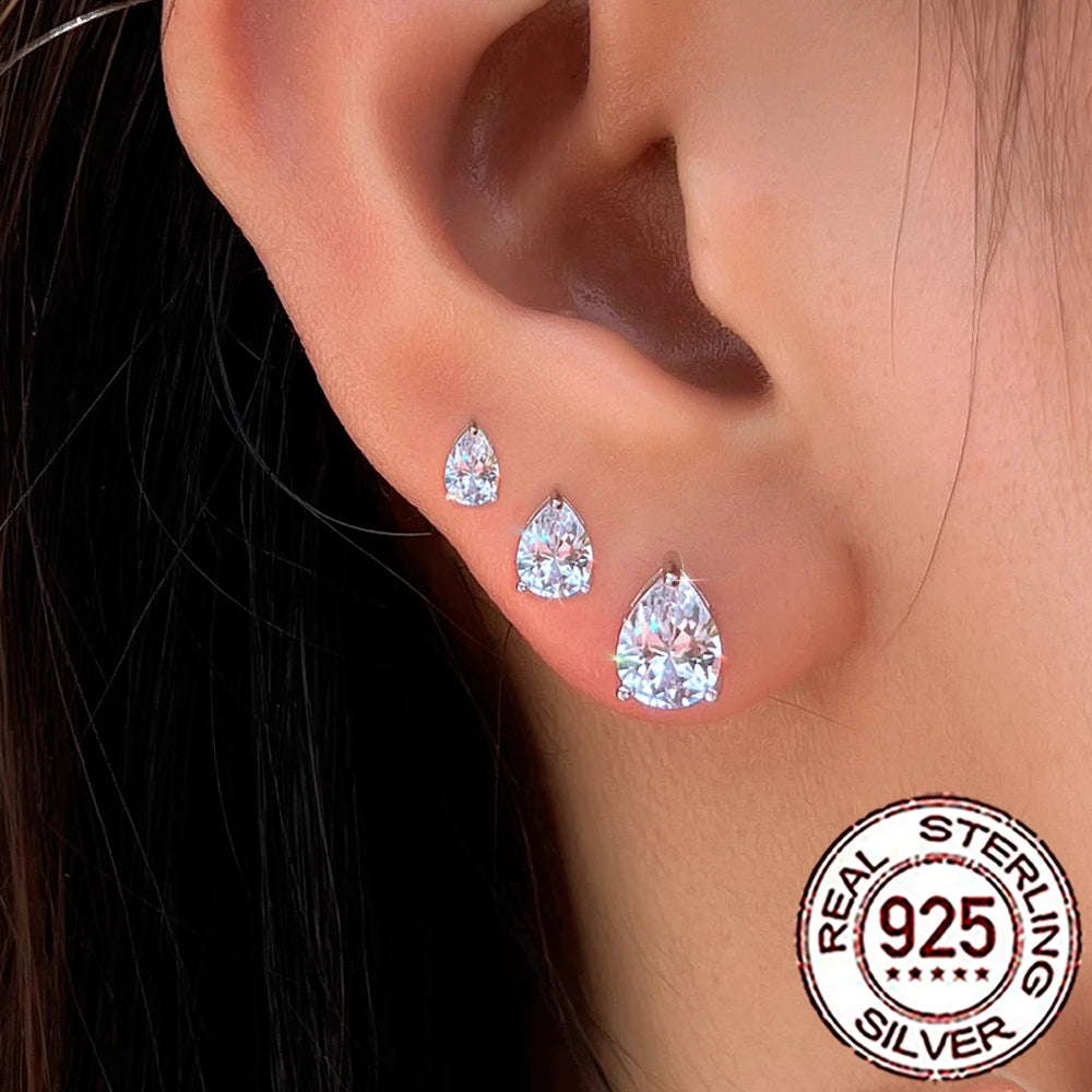 Sterling Silver Shiny Cubic Zirconia Water Drop Stud Earrings