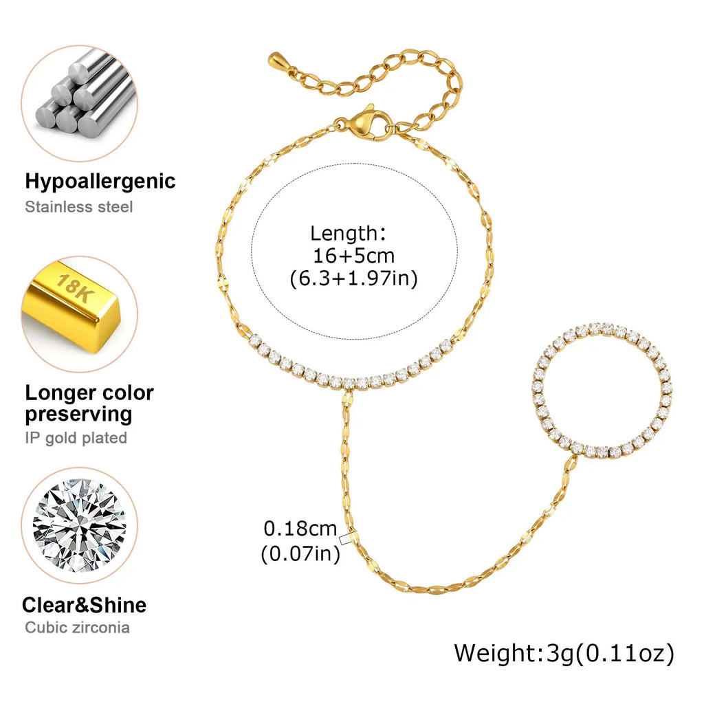 Bohemian Ring Bracelet Finger Hand Chain, 18K Gold Plated