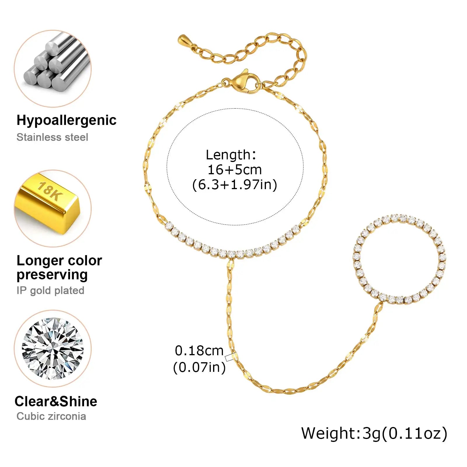 Bohemian Ring Bracelet Finger Hand Chain, 18K Gold Plated