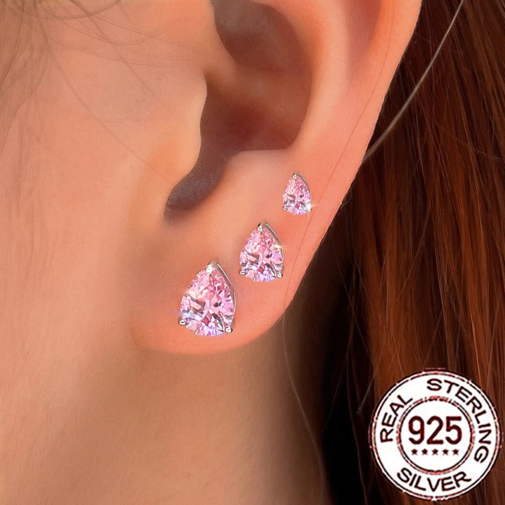 Sterling Silver Shiny Cubic Zirconia Water Drop Stud Earrings
