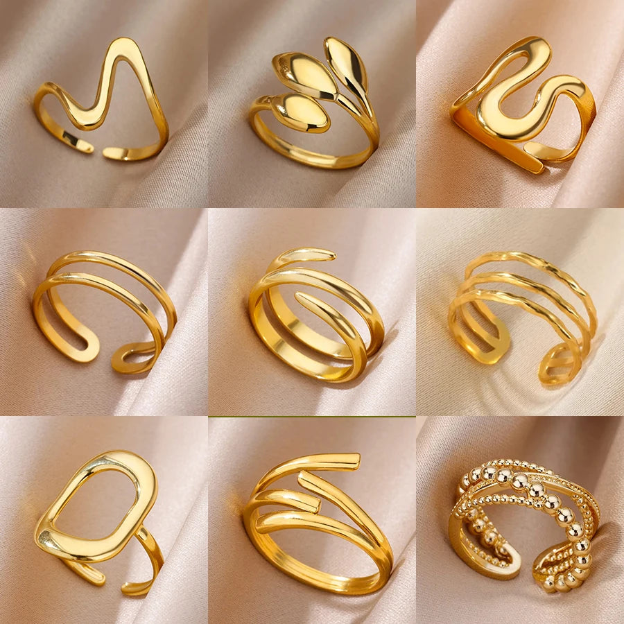 Stainless Steel Rings for Women Gold Color Multilayer Geometric Open Ring Vintage