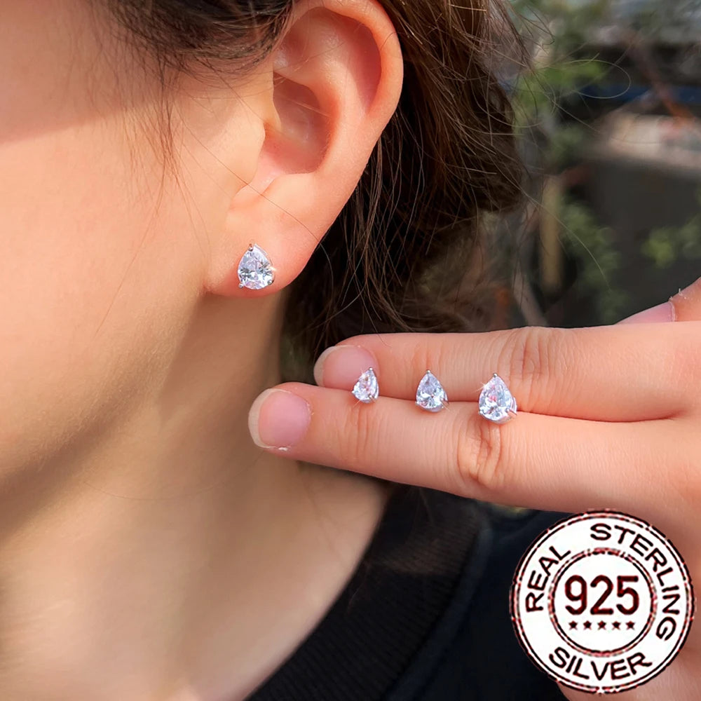 Sterling Silver Shiny Cubic Zirconia Water Drop Stud Earrings