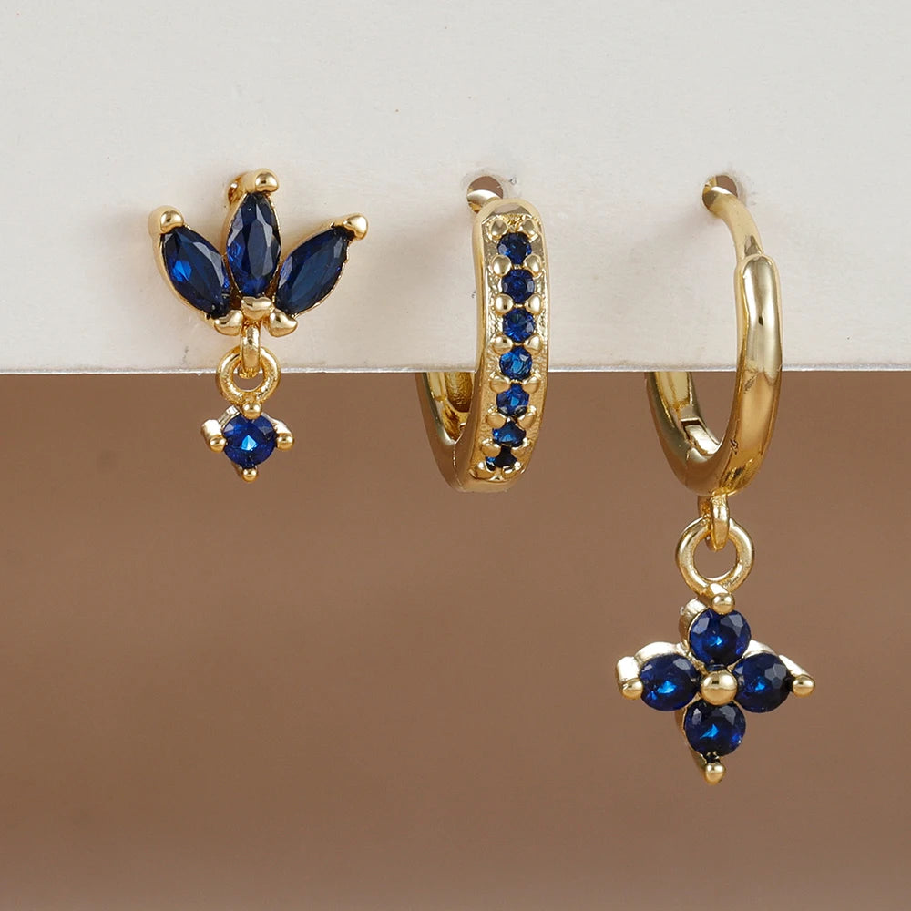 3PCS Orange Blue Zircon Hanging Earrings Set for Wome