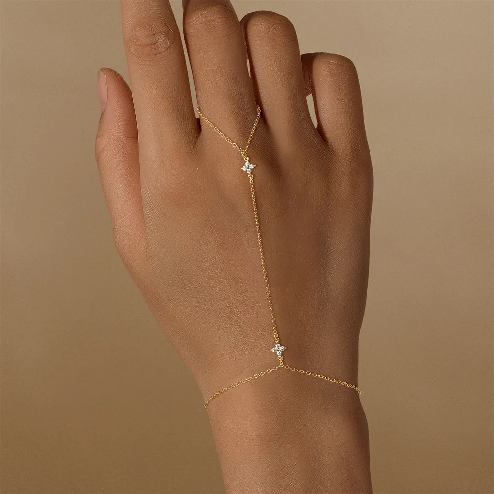 925 Sterling Silver Flower Clover CZ Finger Ring Chain Bracelet For Women Ins Hand Chain Horse Eye