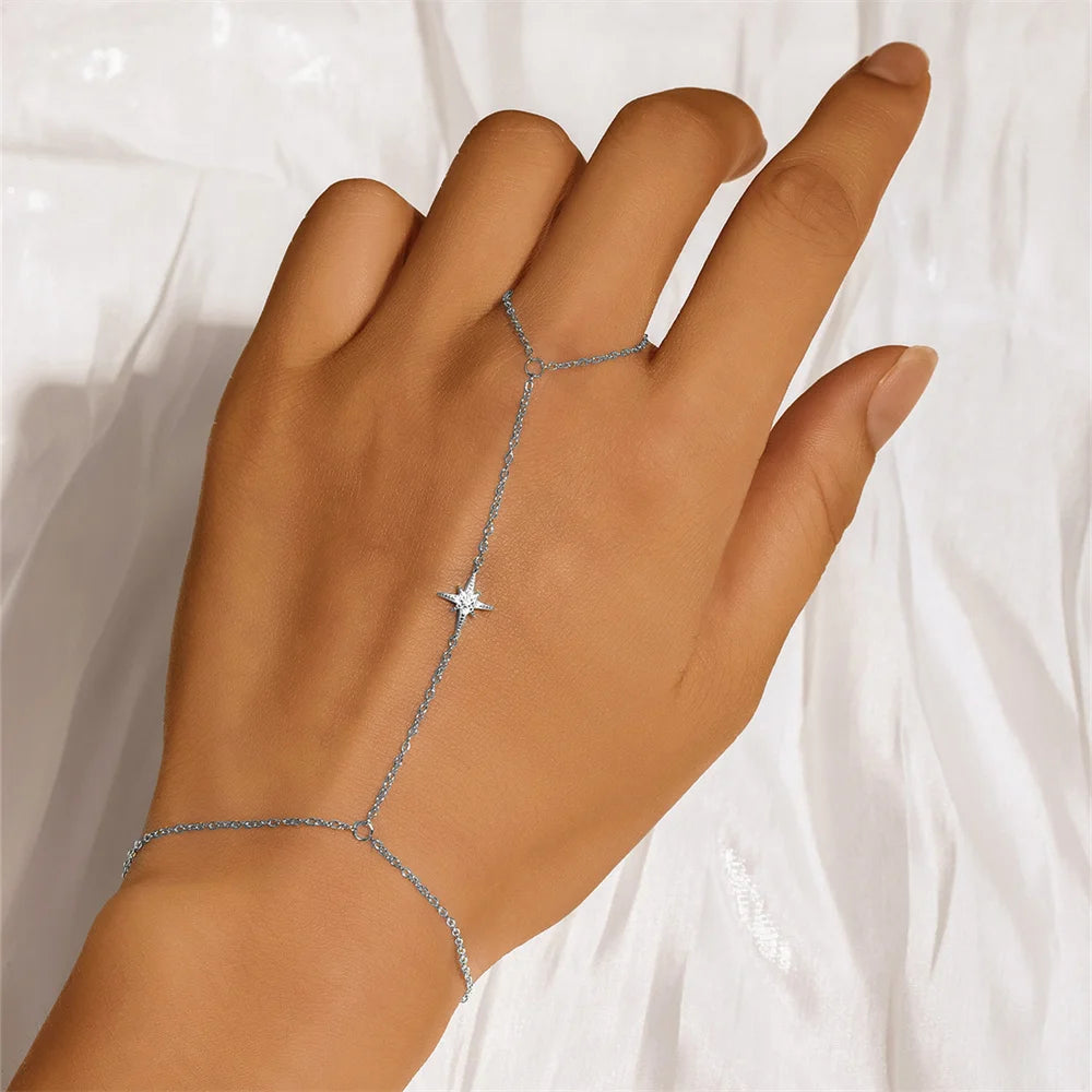 925 Sterling Silver Flower Clover CZ Finger Ring Chain Bracelet For Women Ins Hand Chain Horse Eye