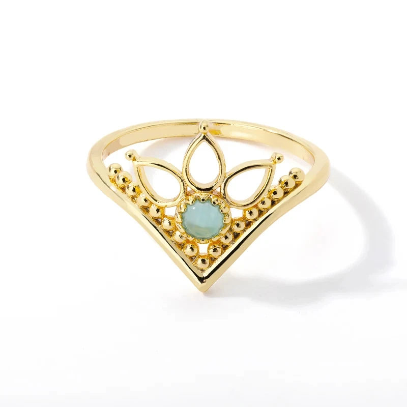 Stainless Steel Lotus Flower Ring for Women Gold Color Vintage Stone Opal Oval