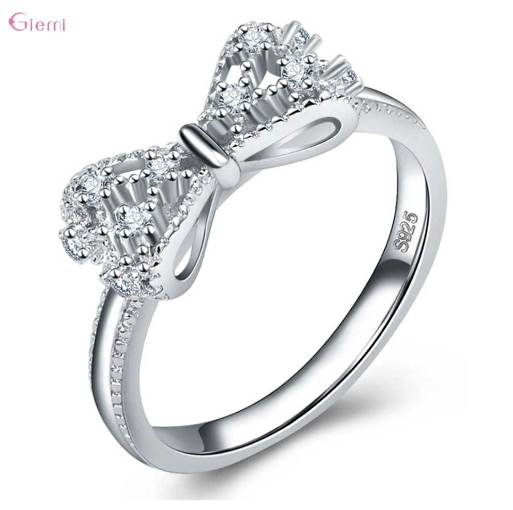 925 Sterling Silver Bowknot Bow Knot Cubic Zirconia Rhinestone Rings