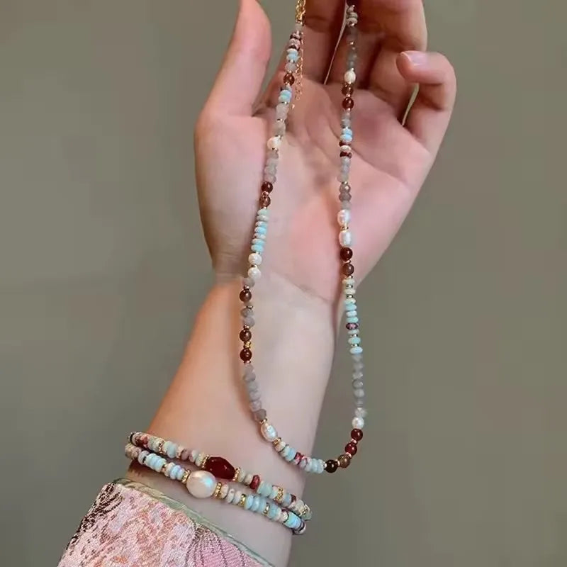 Crystal Stone Pearl Handmade Beadeds Chain Necklace