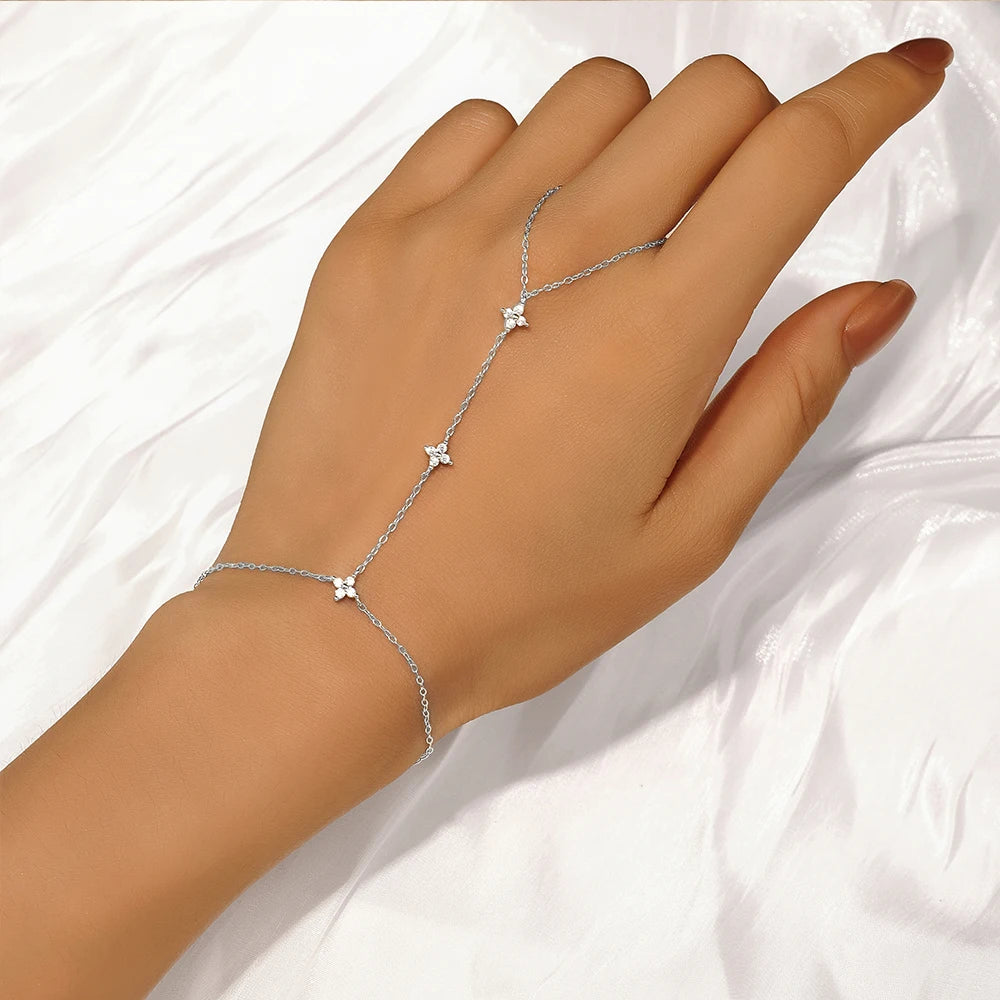 925 Sterling Silver Flower Clover CZ Finger Ring Chain Bracelet For Women Ins Hand Chain Horse Eye