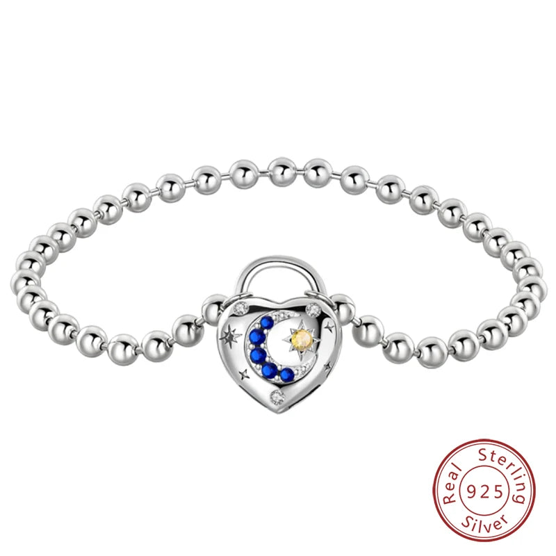 Bracelet Silver 925  17-20CM Star Moon Sun Four Leaf Clover Green Zircon