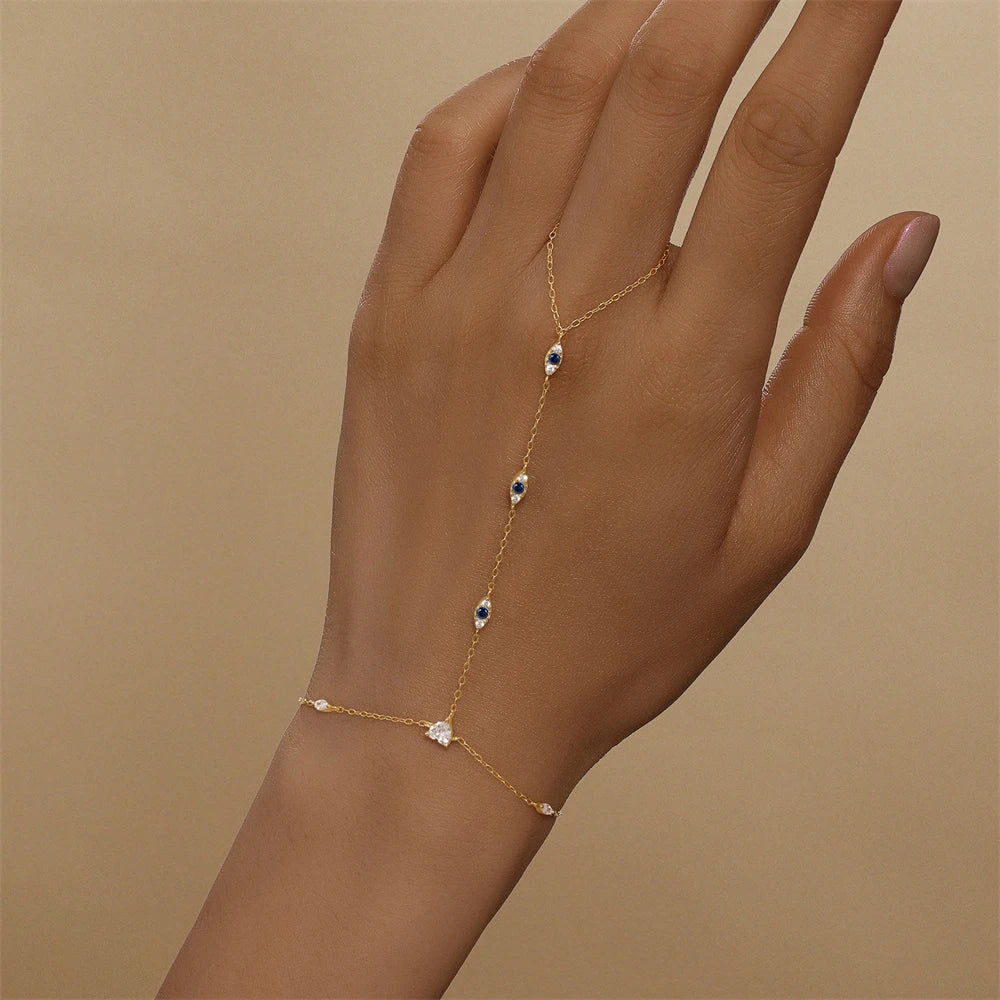 925 Sterling Silver Flower Clover CZ Finger Ring Chain Bracelet For Women Ins Hand Chain Horse Eye