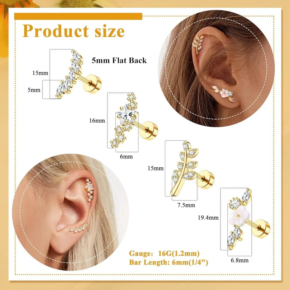 Bobisty 1pc 16G Cartilage Earring Stainless Steel Opal CZ Cartilage Conch Helix