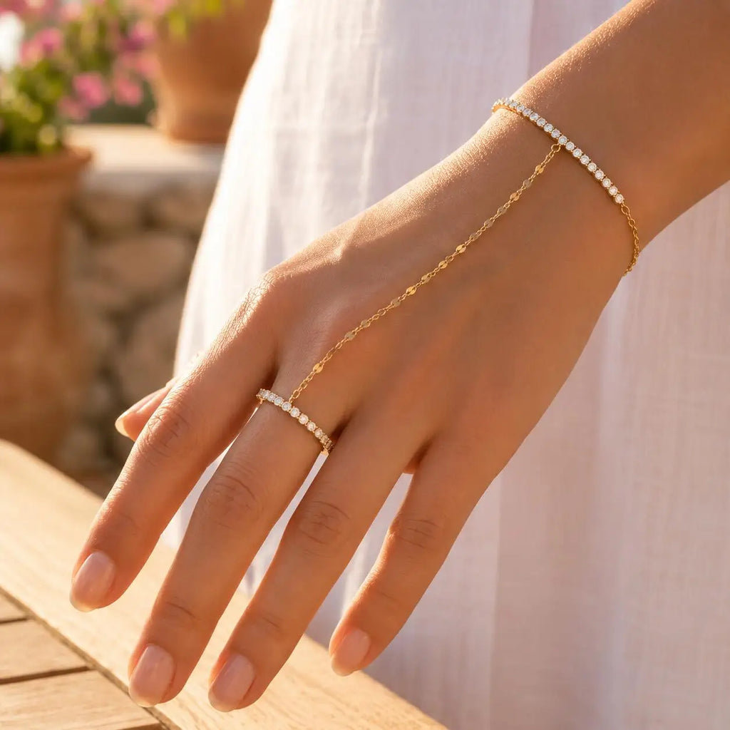 Bohemian Ring Bracelet Finger Hand Chain, 18K Gold Plated