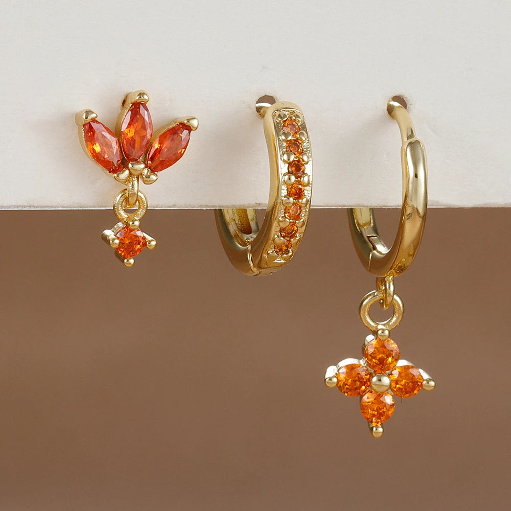 3PCS Orange Blue Zircon Hanging Earrings Set for Wome