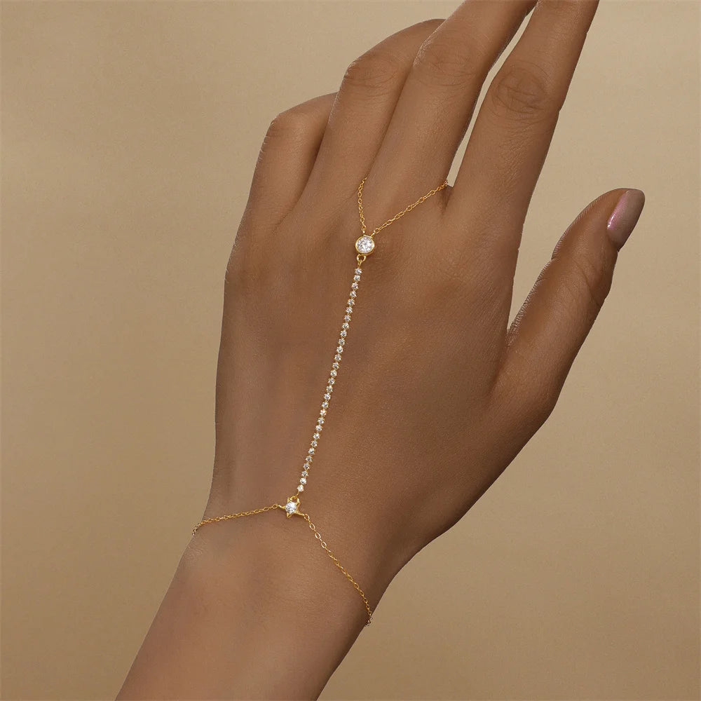 925 Sterling Silver Flower Clover CZ Finger Ring Chain Bracelet For Women Ins Hand Chain Horse Eye