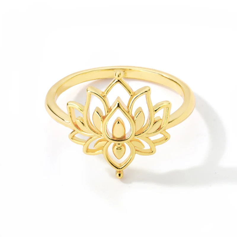 Stainless Steel Lotus Flower Ring for Women Gold Color Vintage Stone Opal Oval