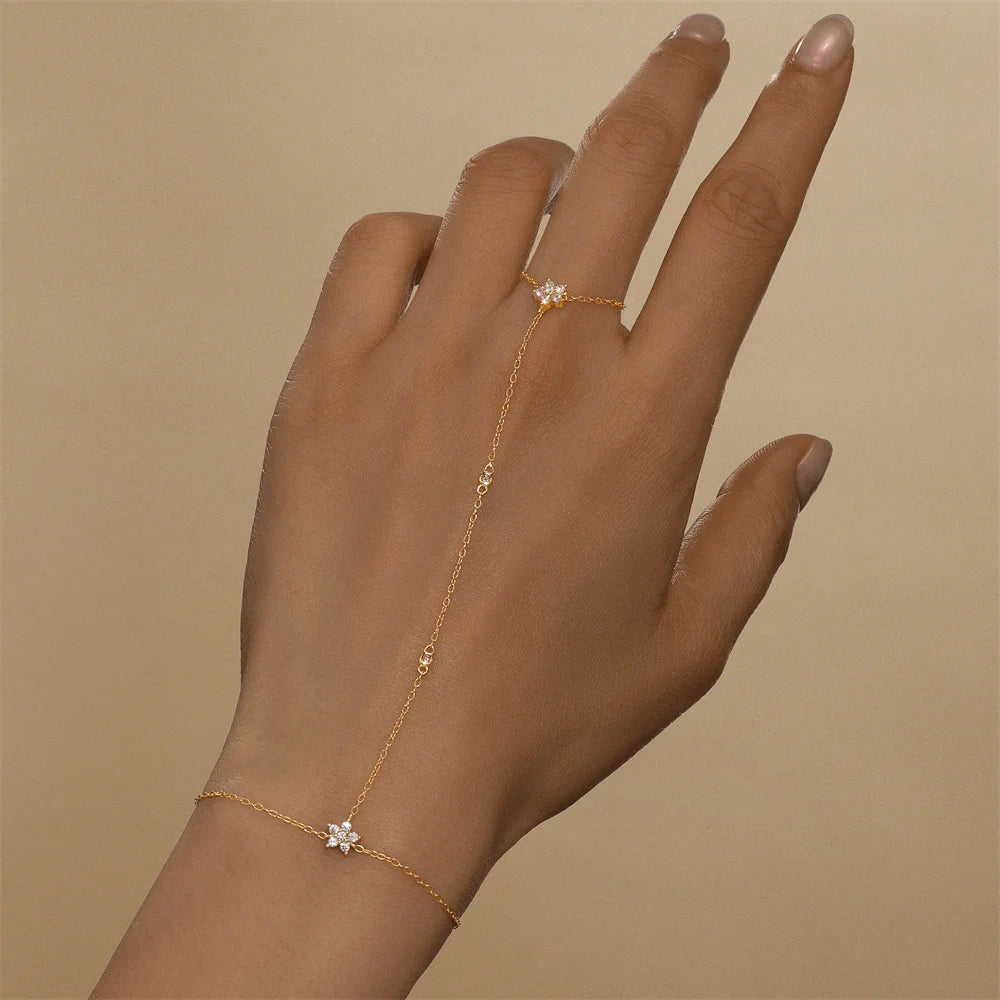 925 Sterling Silver Flower Clover CZ Finger Ring Chain Bracelet For Women Ins Hand Chain Horse Eye