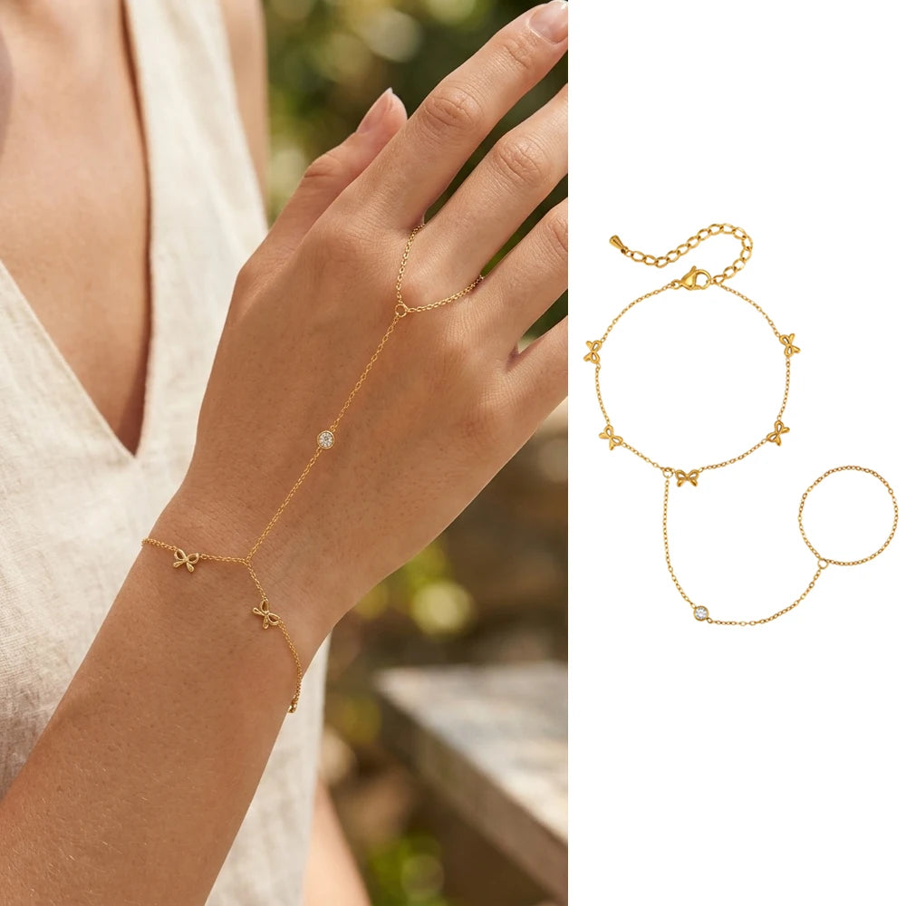 Bohemian Ring Bracelet Finger Hand Chain, 18K Gold Plated