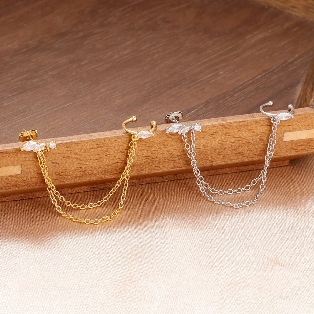 1PC Stainless Steel Chain Tassel Zircon Drop Earrings For Women 14K Gold Plated Geometric Ear Clip Earring