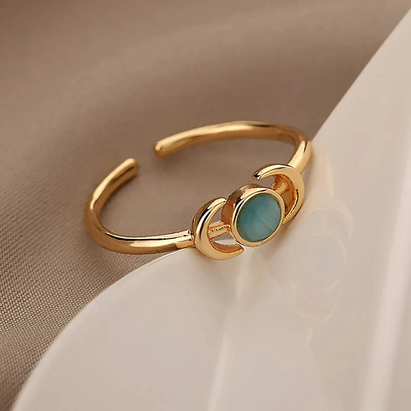 Stainless Steel Lotus Flower Ring for Women Gold Color Vintage Stone Opal Oval