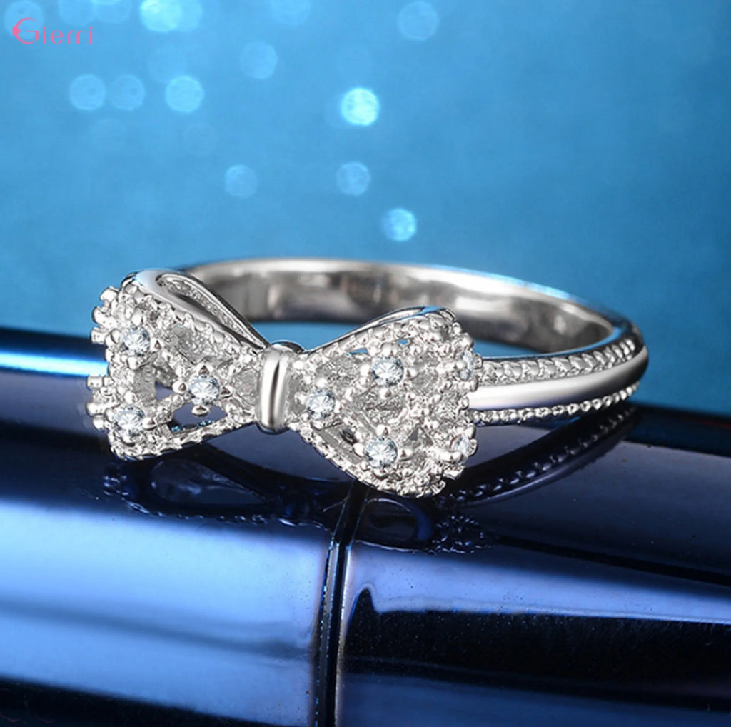 925 Sterling Silver Bowknot Bow Knot Cubic Zirconia Rhinestone Rings