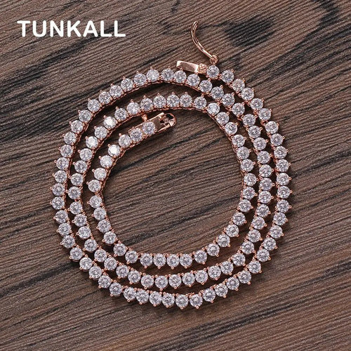 3mm Rose gold color Brass White Cubic Zircon 3 Prong Tennis Chain