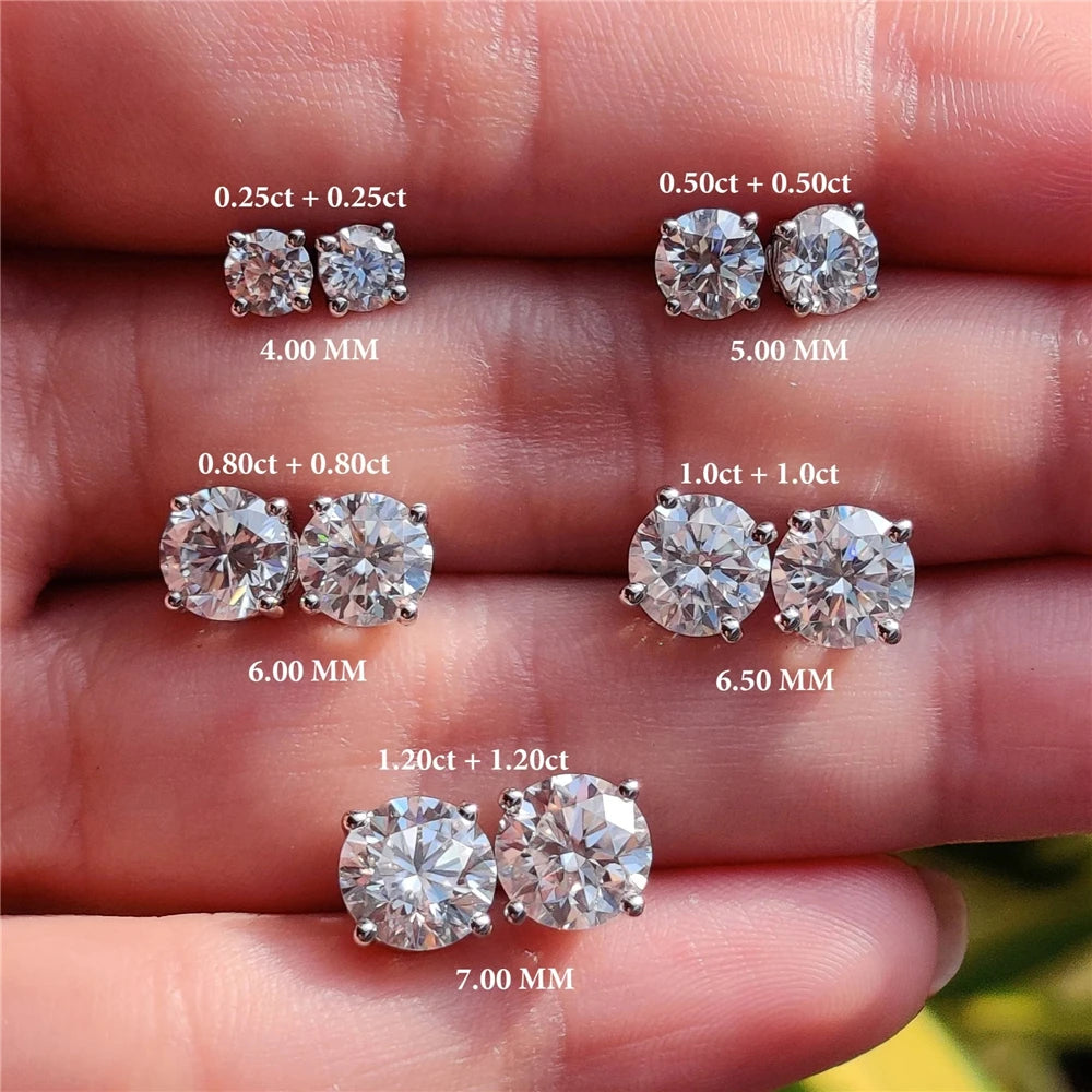 0.5-1.2 Carat D Color Moissanite Ear Stud Earrings For Women 925 Sterling Silver Sparkling