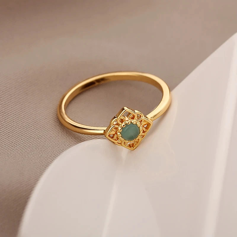 Stainless Steel Lotus Flower Ring for Women Gold Color Vintage Stone Opal Oval