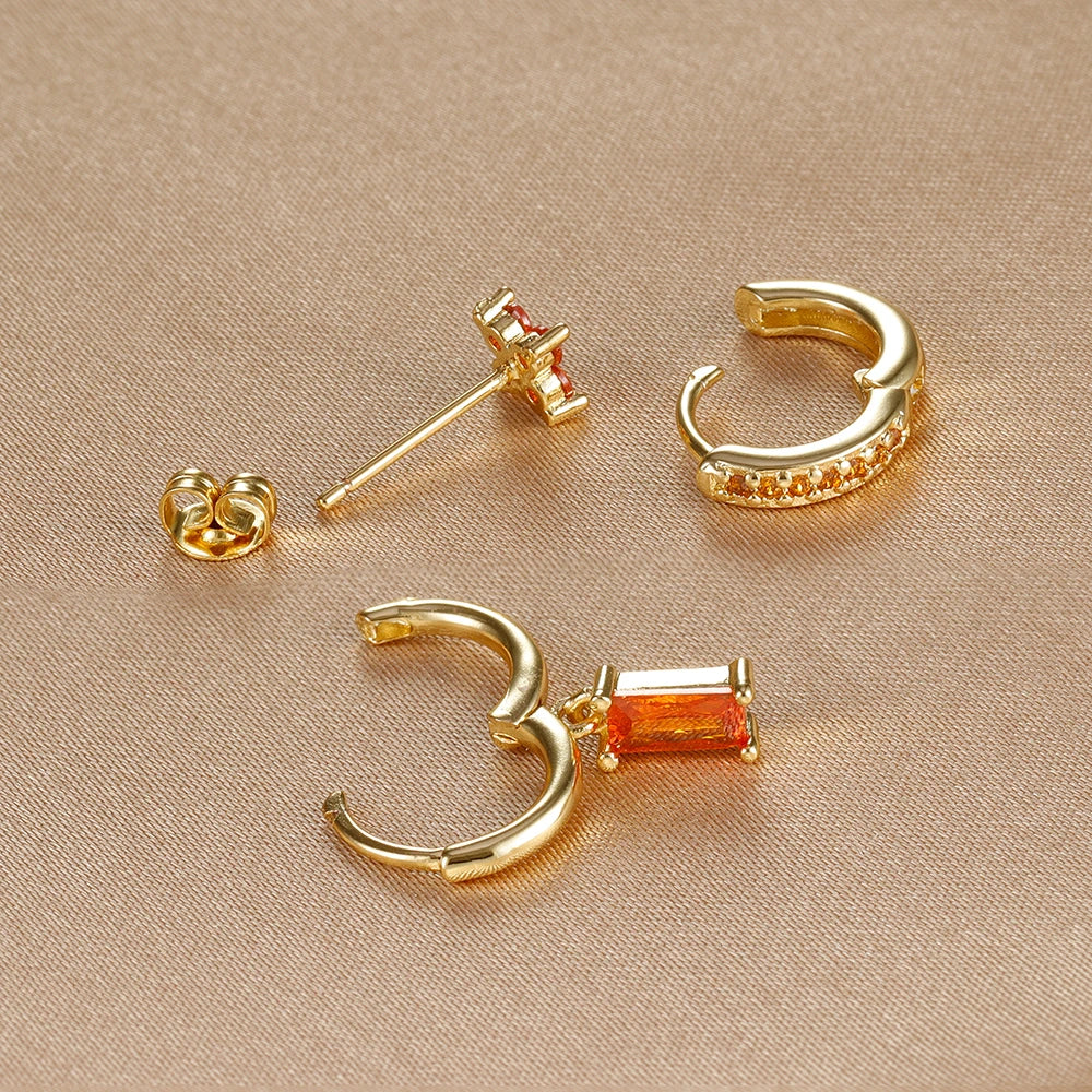 3PCS Orange Blue Zircon Hanging Earrings Set for Wome