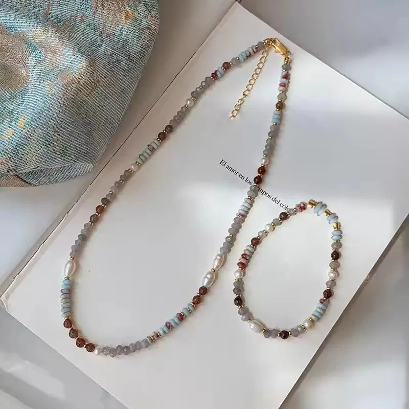 Crystal Stone Pearl Handmade Beadeds Chain Necklace