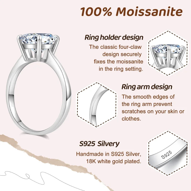 Women's Round Moissanite Rings 925 Sterling Silver VVS Moissanite Ring 0.5/1/1.5/2/3/4CT Moissanite Diamond with GRA Certificate