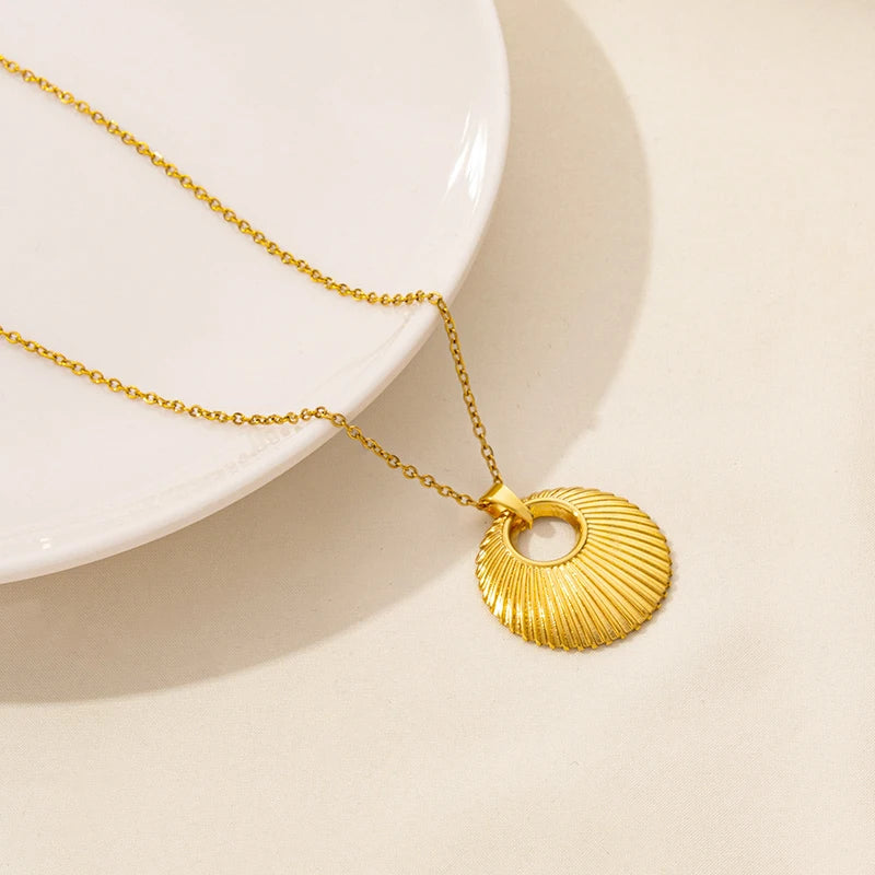 Minimalist Stainless Steel Round Hollow Texture Pendant Necklace Gold Plated