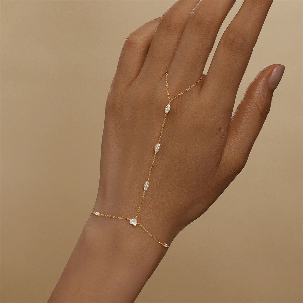 925 Sterling Silver Flower Clover CZ Finger Ring Chain Bracelet For Women Ins Hand Chain Horse Eye