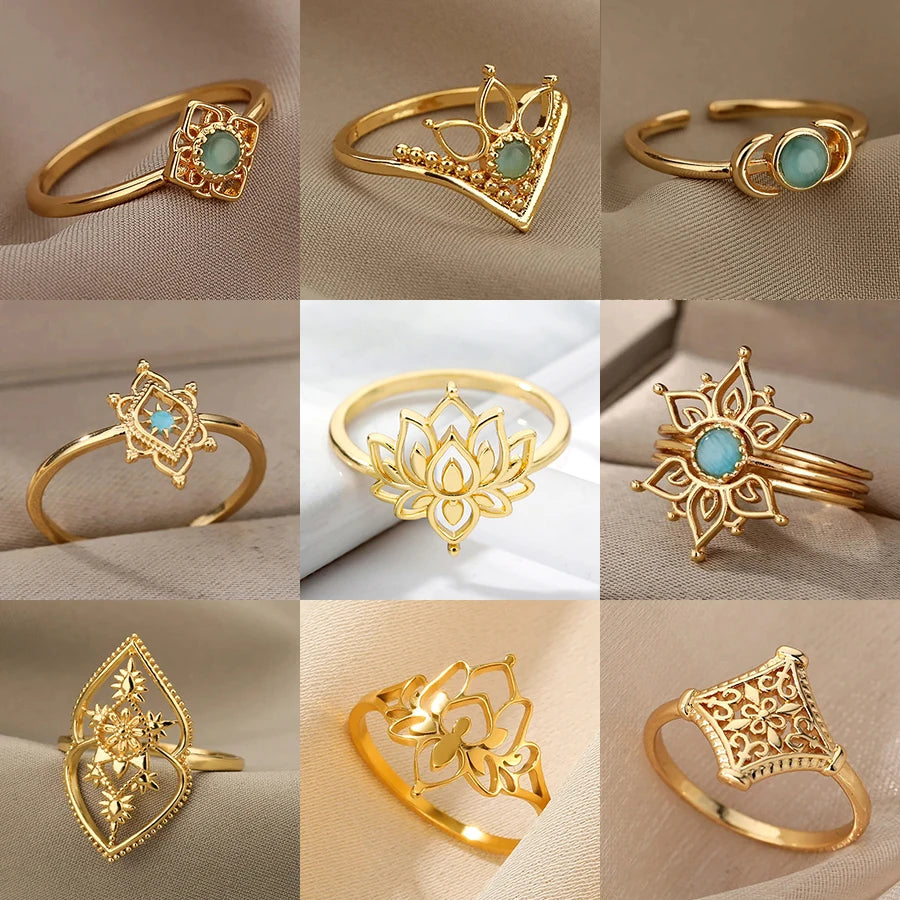 Stainless Steel Lotus Flower Ring for Women Gold Color Vintage Stone Opal Oval
