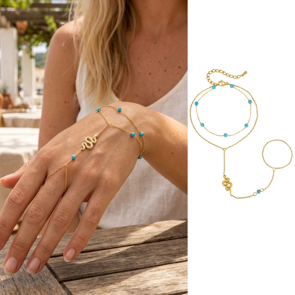 Bohemian Ring Bracelet Finger Hand Chain, 18K Gold Plated