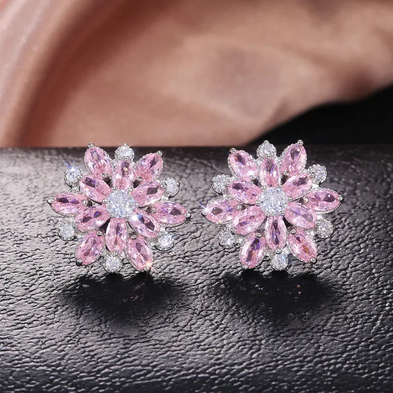 Cubic Zirconia 925 Silver Needle Stud Flower