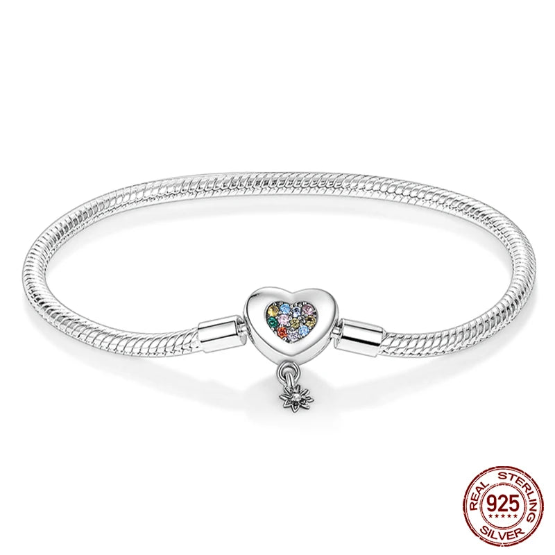 Bracelet Silver 925  17-20CM Star Moon Sun Four Leaf Clover Green Zircon