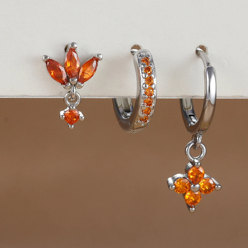 3PCS Orange Blue Zircon Hanging Earrings Set for Wome