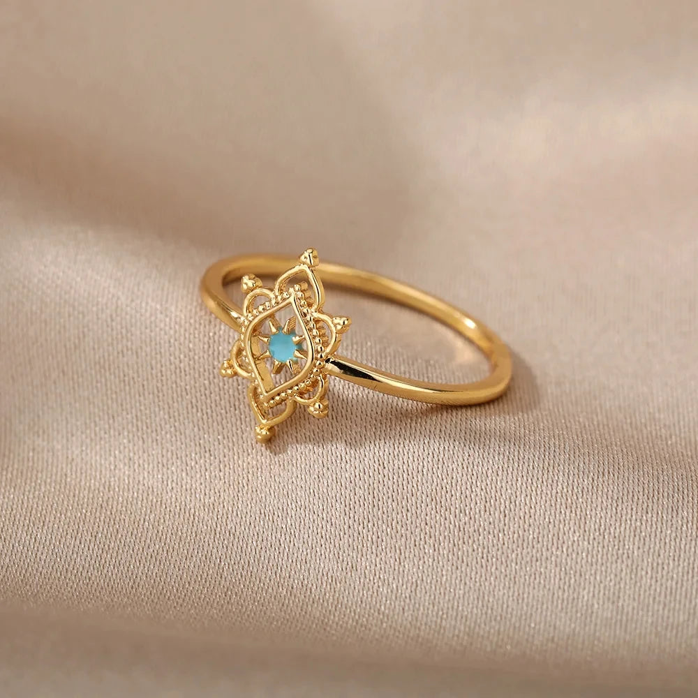 Stainless Steel Lotus Flower Ring for Women Gold Color Vintage Stone Opal Oval