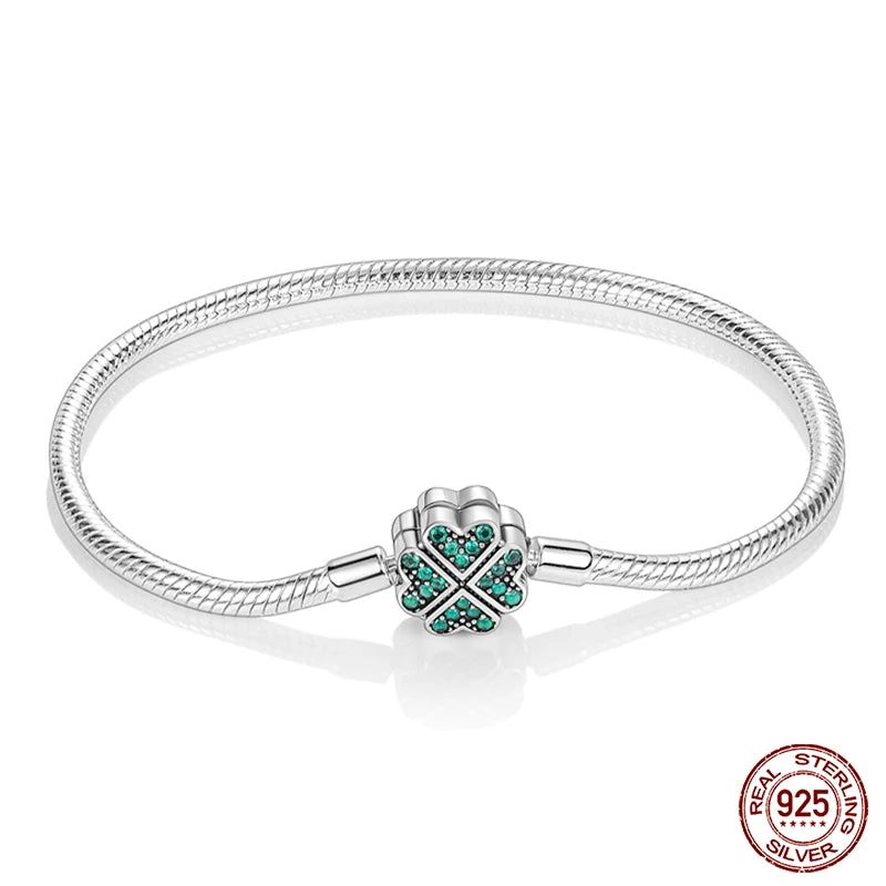 Bracelet Silver 925  17-20CM Star Moon Sun Four Leaf Clover Green Zircon