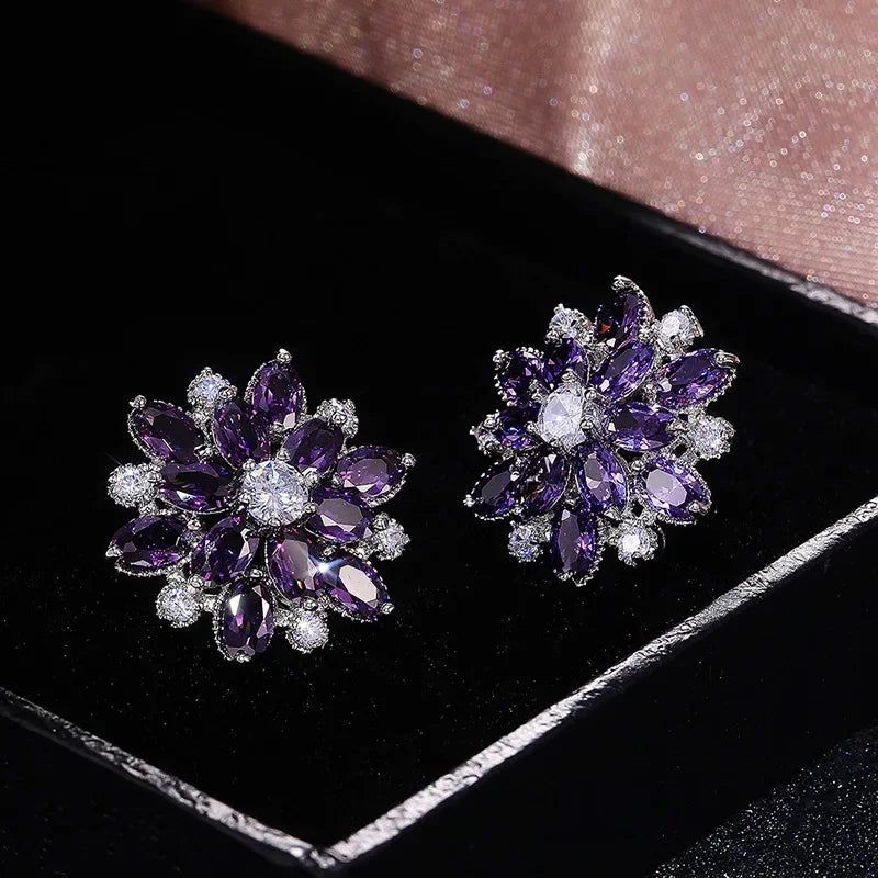 Cubic Zirconia 925 Silver Needle Stud Flower