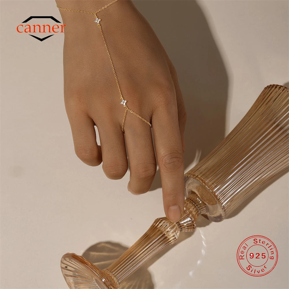 925 Sterling Silver Flower Clover CZ Finger Ring Chain Bracelet For Women Ins Hand Chain Horse Eye