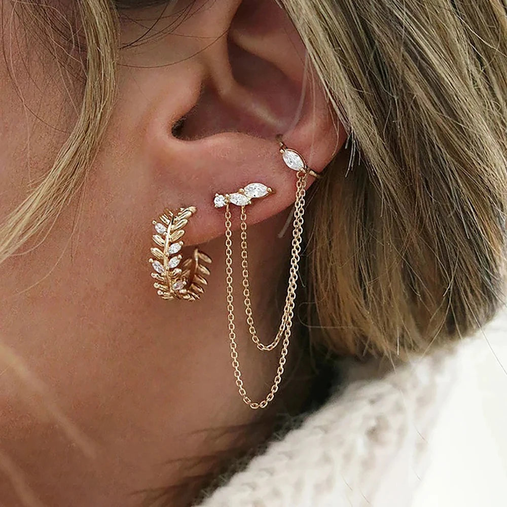 1PC Stainless Steel Chain Tassel Zircon Drop Earrings For Women 14K Gold Plated Geometric Ear Clip Earring