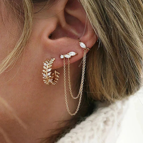 1PC Stainless Steel Chain Tassel Zircon Drop Earrings For Women 14K Gold Plated Geometric Ear Clip Earring