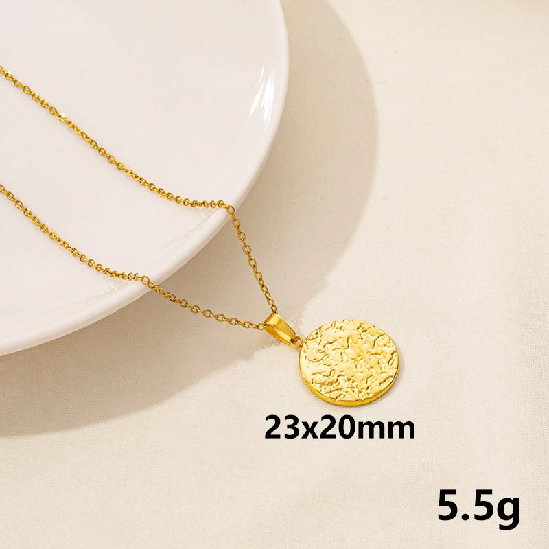 Minimalist Stainless Steel Round Hollow Texture Pendant Necklace Gold Plated