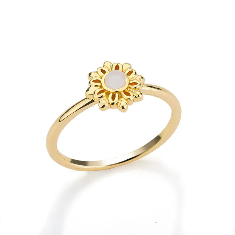Stainless Steel Lotus Flower Ring for Women Gold Color Vintage Stone Opal Oval